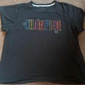 Champion Black Tee with Multicolor Lettering